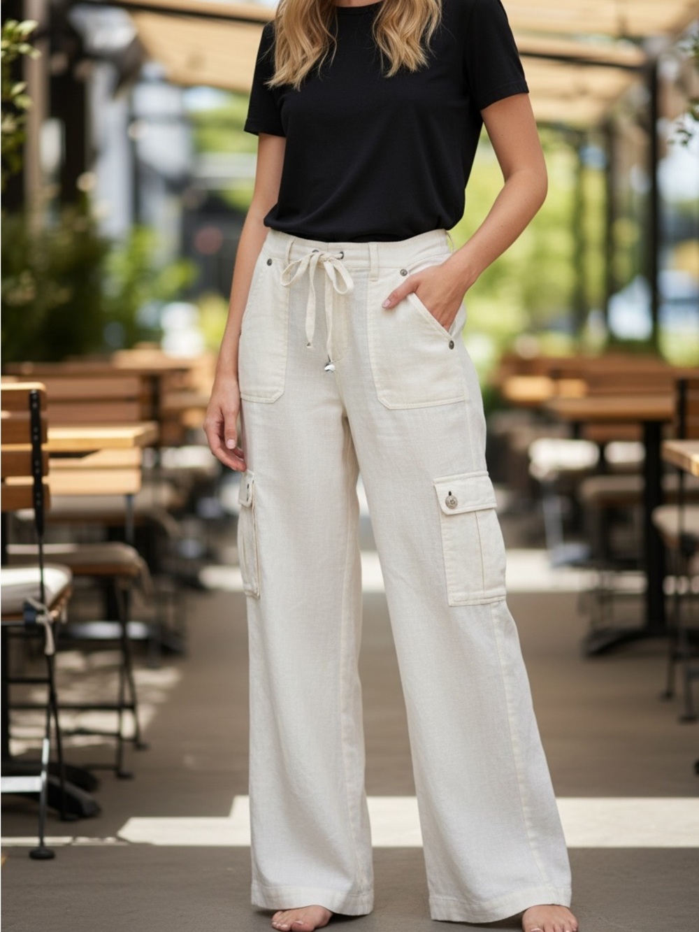 DaVinci Cream Wide-Leg Cargo Drawstring Pants